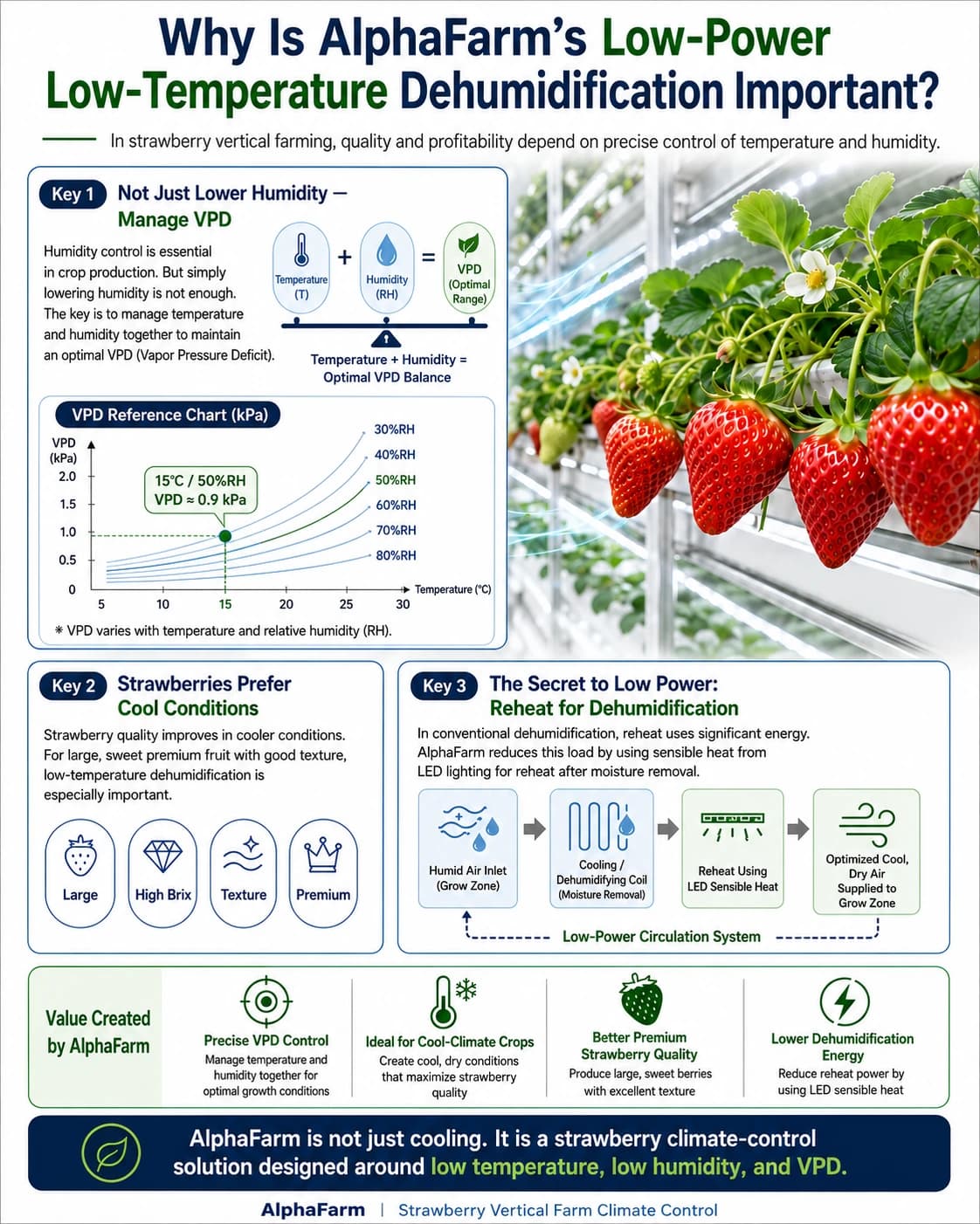 왜 알파팜의 저전력 저온제습이 중요한가 — VPD·저온제습 인포그래픽 / Why AlphaFarm low-power low-temperature dehumidification matters infographic