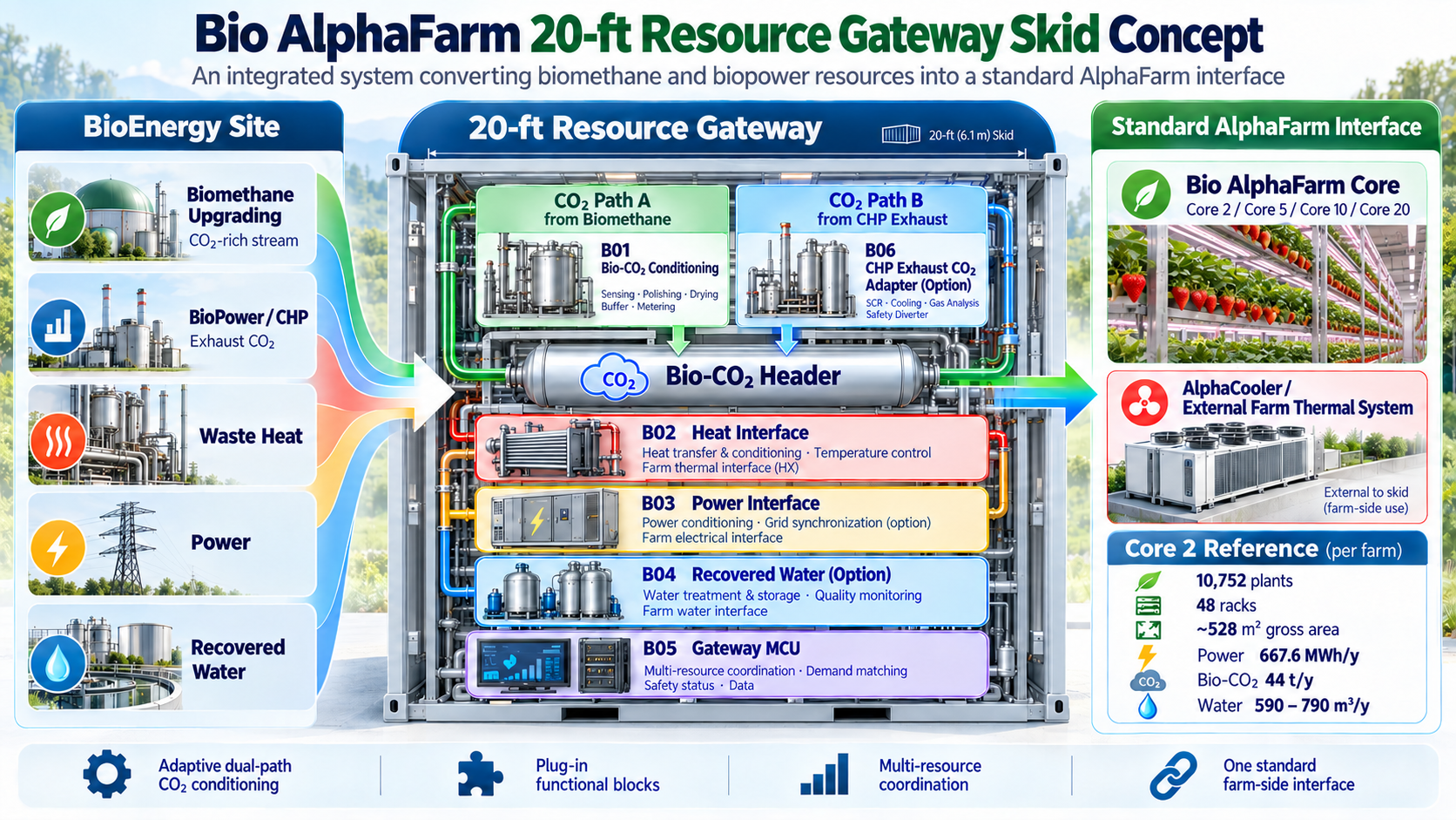 Bio AlphaFarm 20-ft Resource Gateway concept connecting Bio-CO₂, waste heat, power and recovered water to a standard AlphaFarm interface