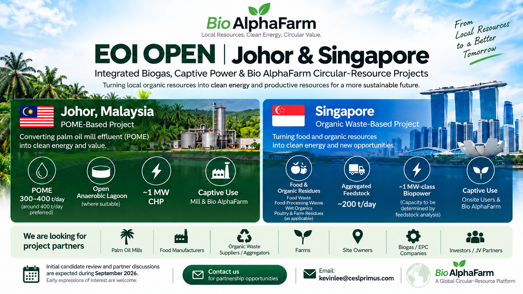 Bio AlphaFarm EOI Open — Johor POME 기반 프로젝트와 Singapore 유기성 폐기물 기반 프로젝트 안내