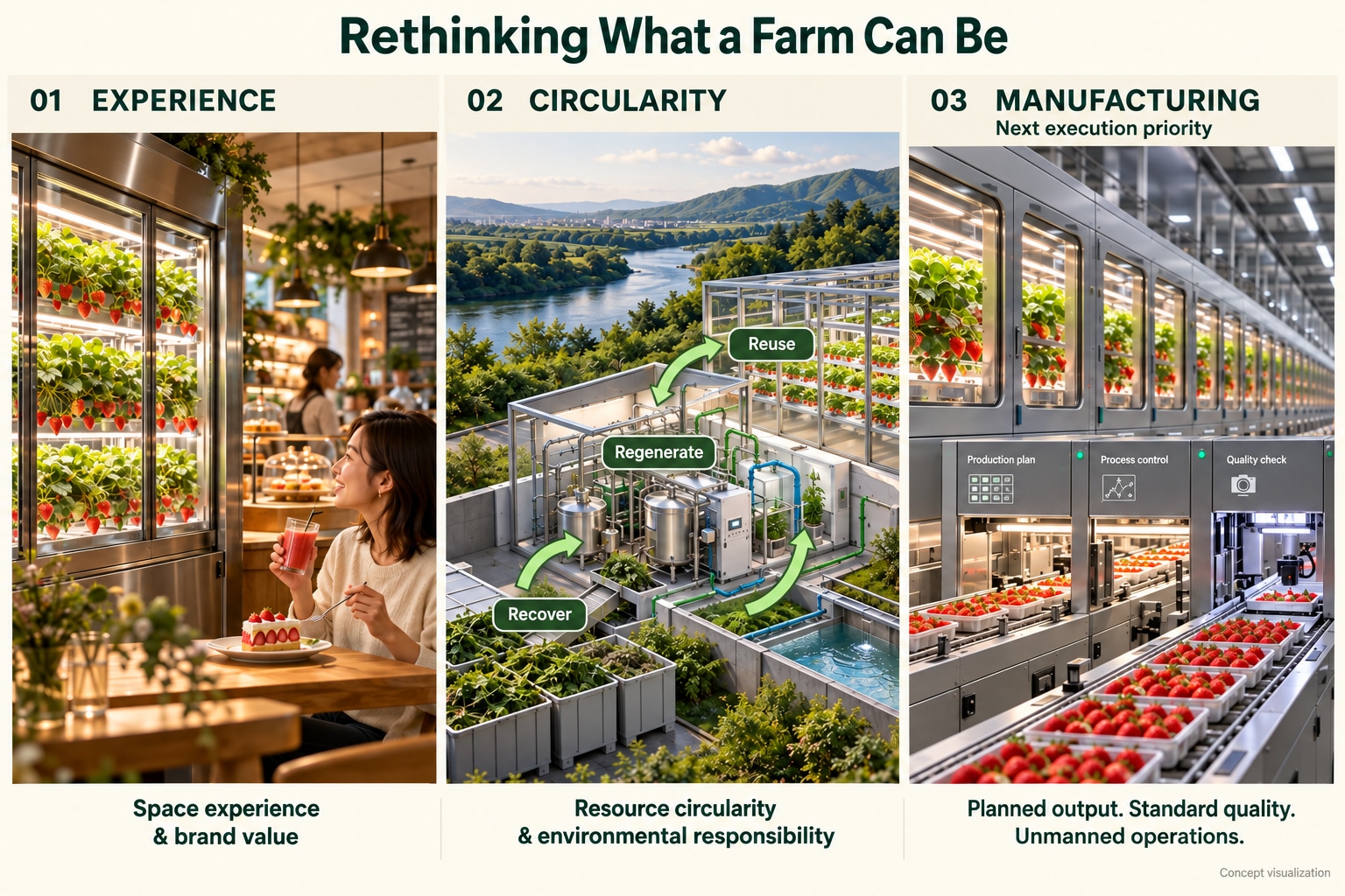 Experience, circularity and manufacturing — three directions for vertical farming business development. Concept visualization.